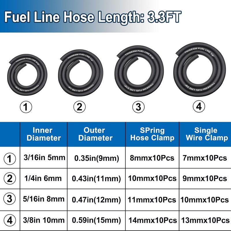 Tnisesm 4 Size Fuel Hose Line - 3/8" 5/16" 1/4" 3/16" ID Fuel Line Gas Tube Hose 3-Feet with 40Pcs Clamps for Small Engines Kawasaki EZGO Golf Cart Snowmobile Motorcycle ATV Tractor Lawn Mowers - Image 2